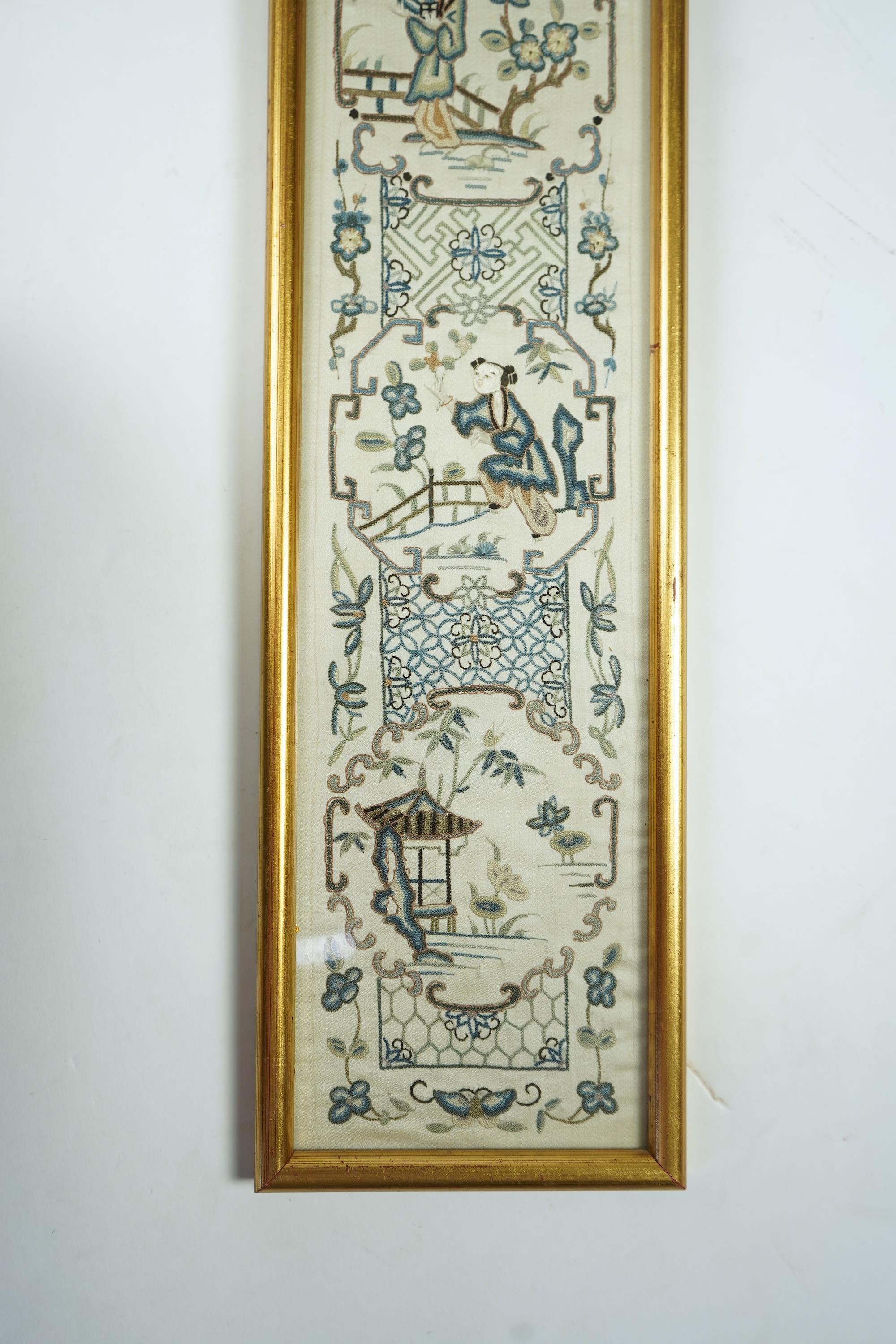 A pair of 19th century Chinese figural silk embroidered sleeve bands. Embroidered in Chinese knot stitch, mostly in blues silk threads on a cream silk backing. 49cm long x 9.5cm wide., Condition - backing fabric and embr